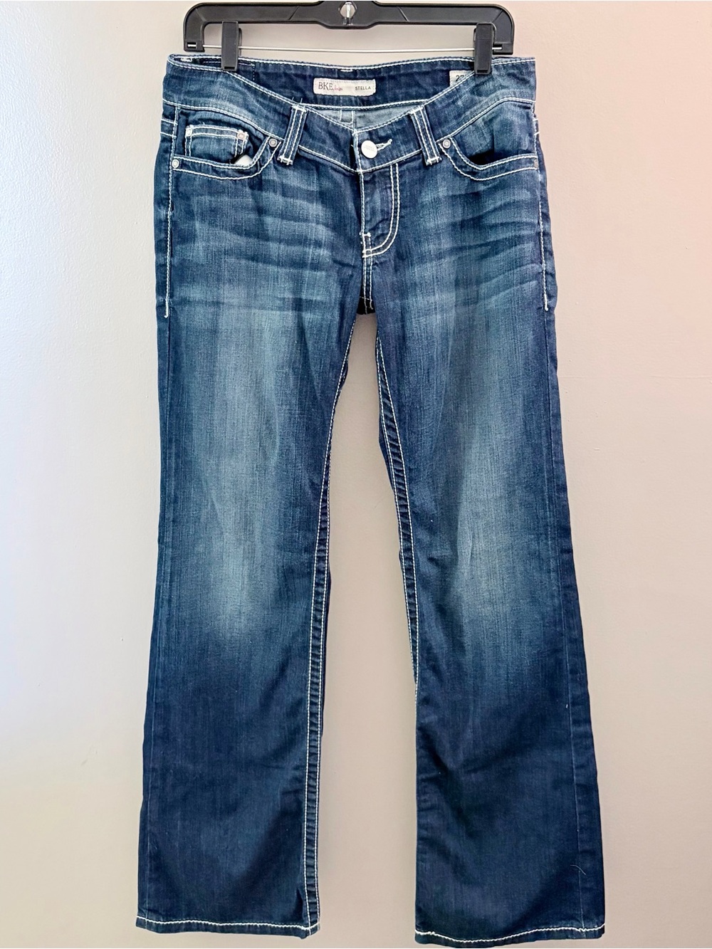 BKE Stella Low Rise Bootcut Denim Jeans Size 27R Dark Wash Thick Stitching